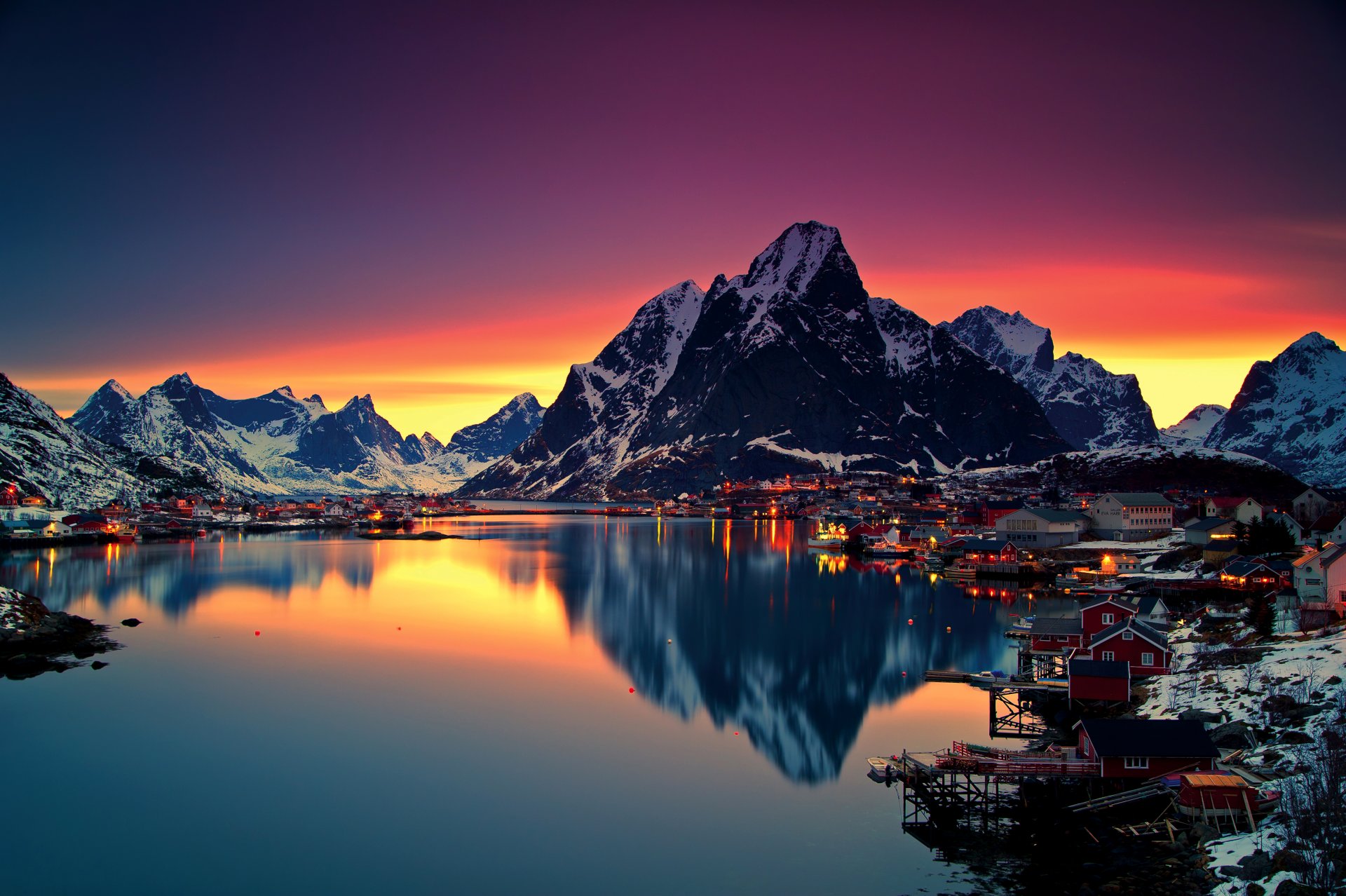 norway lofoten mountain lake house snow winter night lights sky dawn