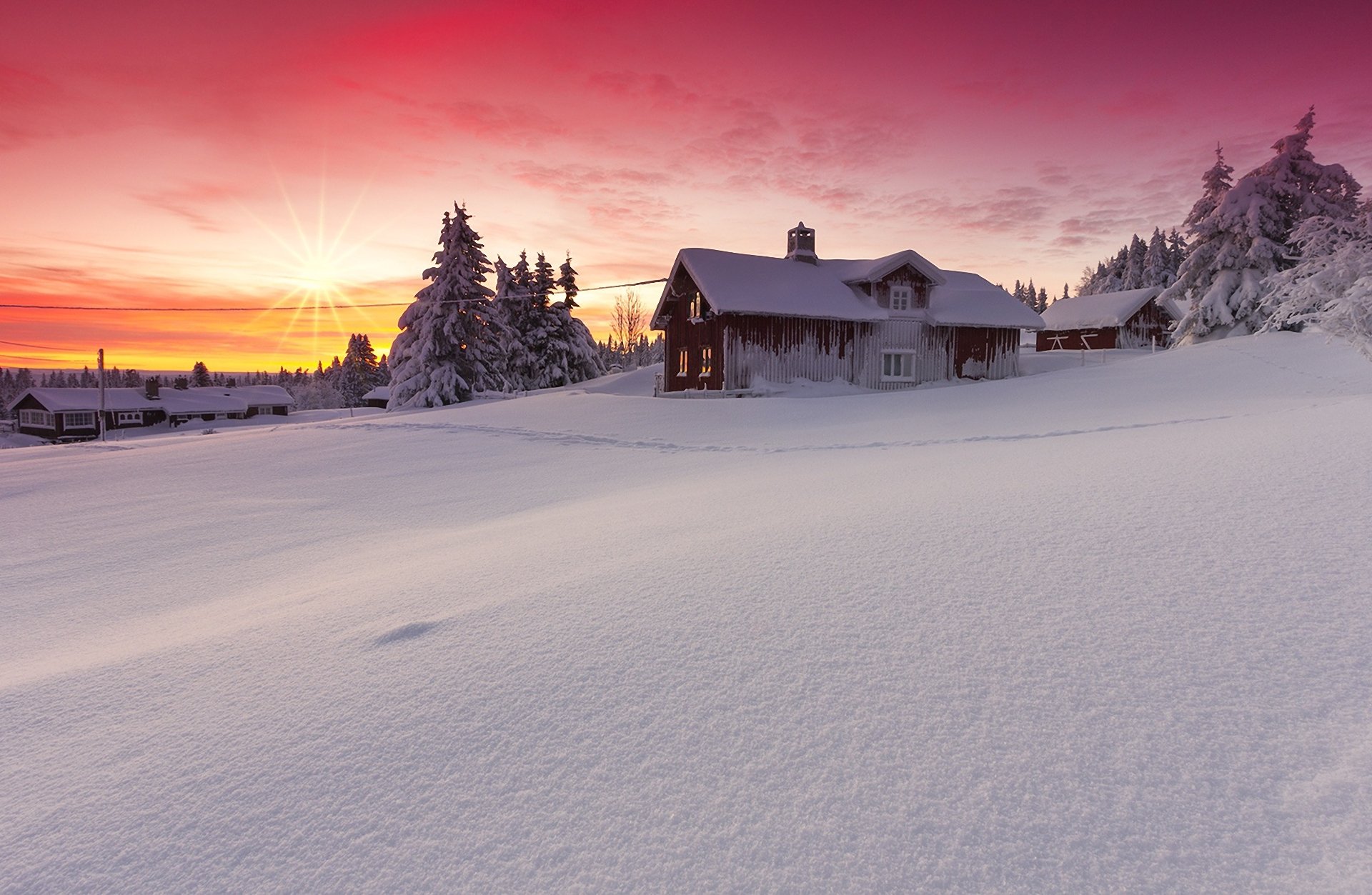 landschaft natur winter schnee dämmerung sonne haus schönheit lillehammer norwegen