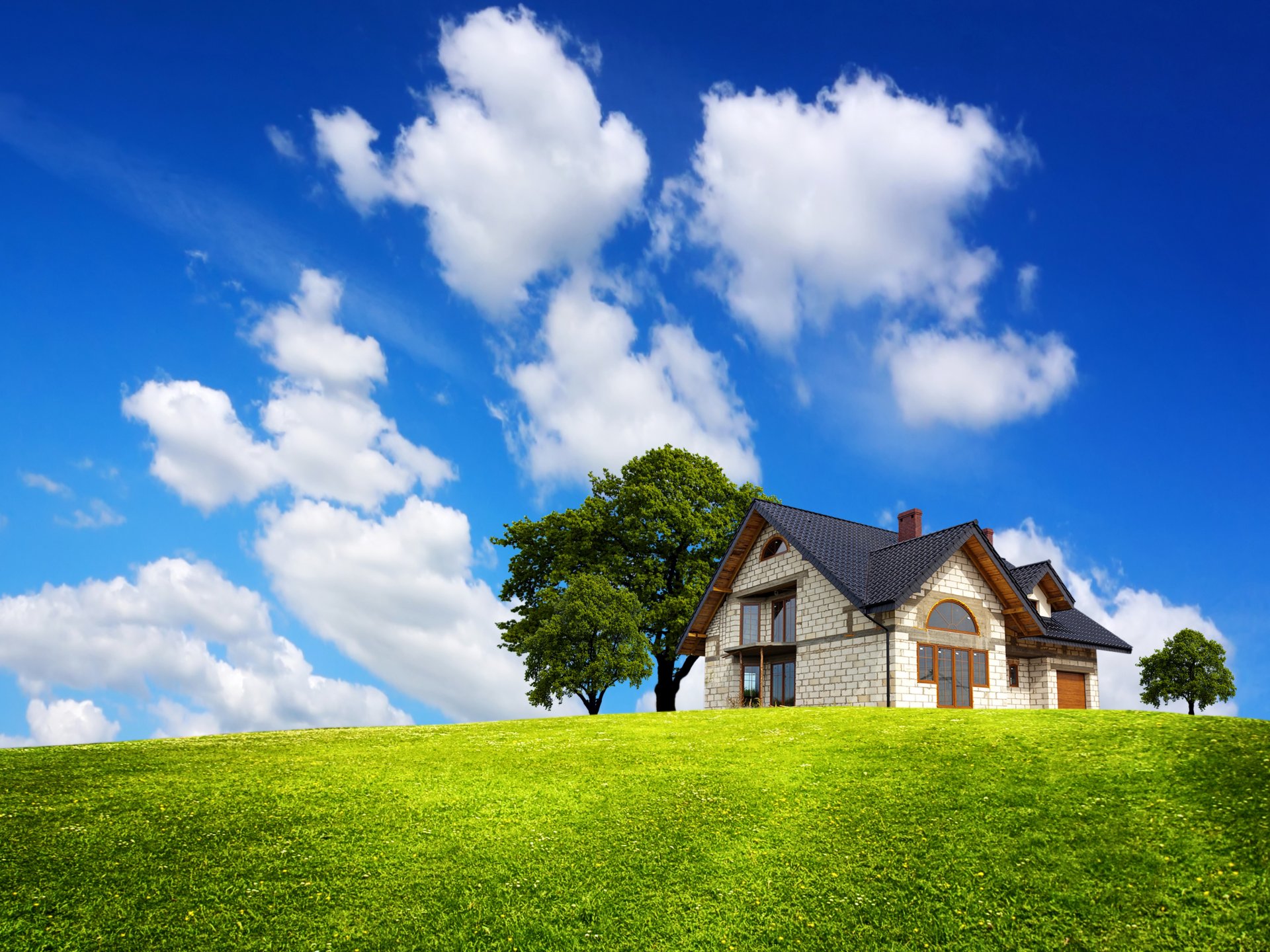 feld grün gras haus bäume herrenhaus wolken himmel blau