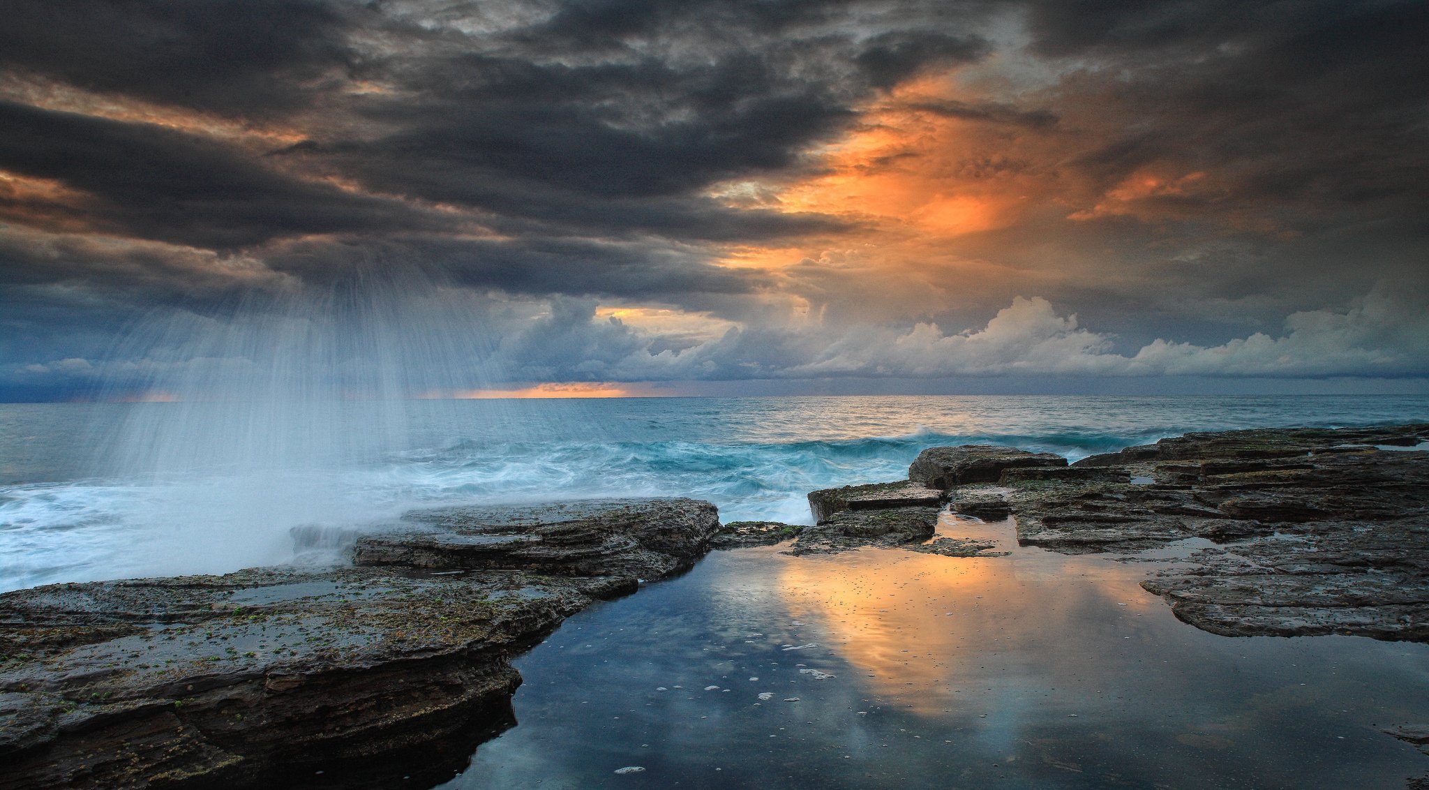 landscape dawn stones beach waves sky cloud