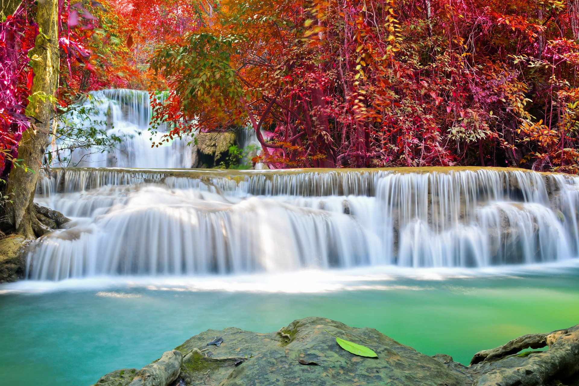 waterfall river flow autumn emerald water