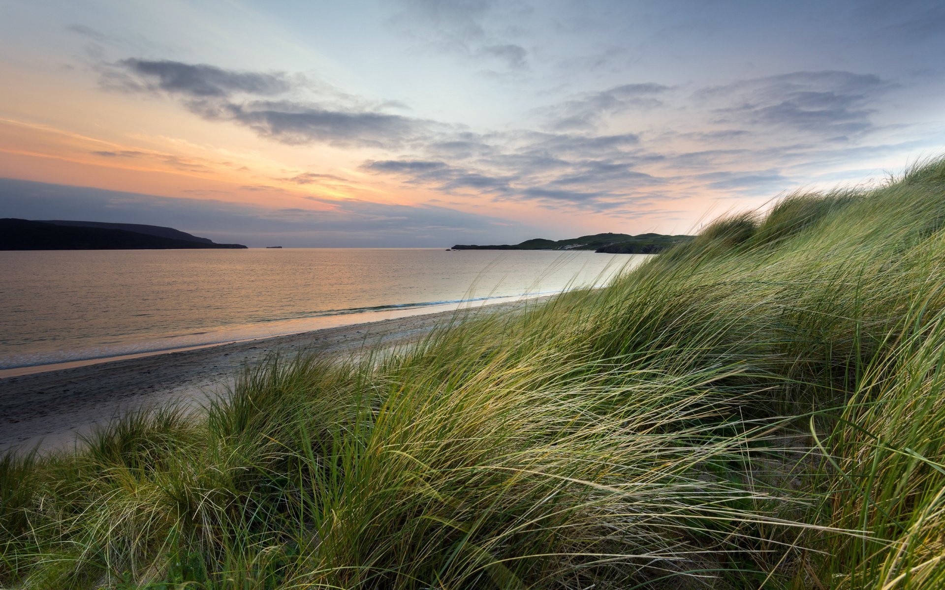 mer coucher de soleil herbe paysage