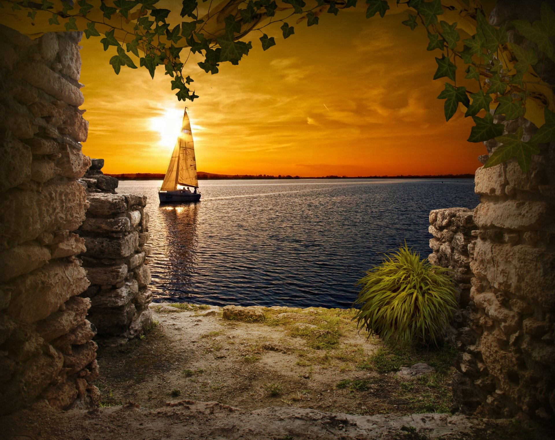 ruins window sky lake sunset boat yacht sail