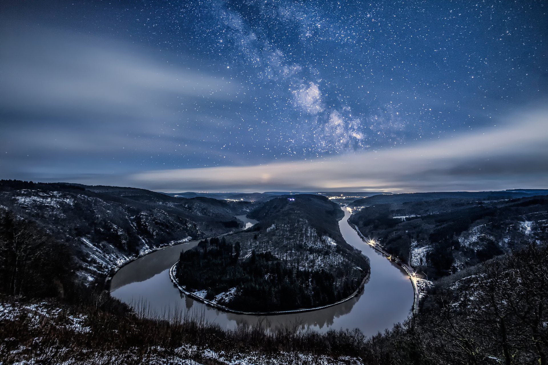 deutschland land fluss saarland mäander saarschleife saarschleife winter januar nacht sterne milchstraße