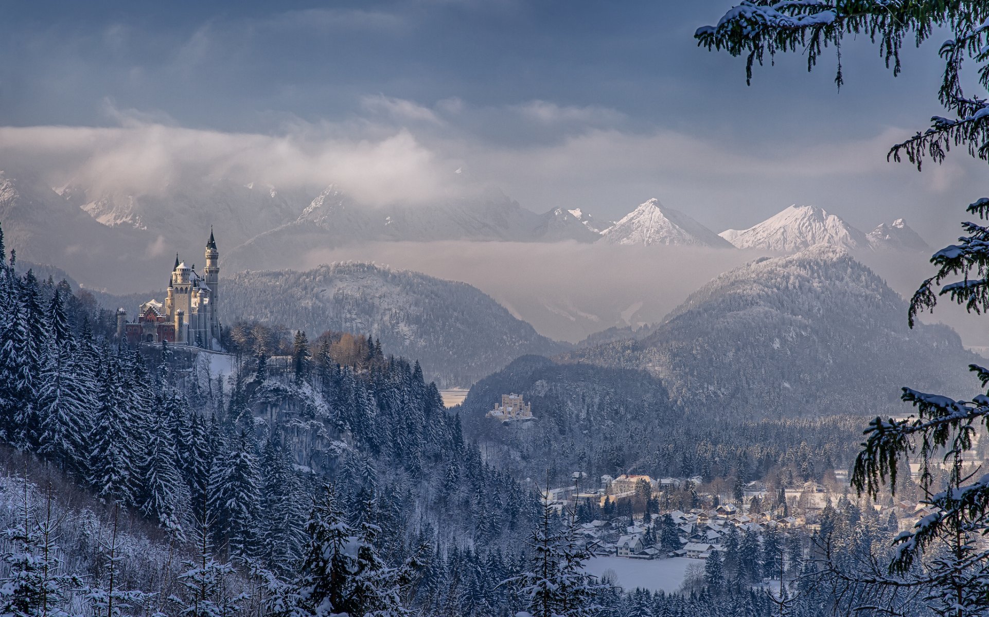 zamek neuschwanstein bawaria niemcy góry zima panorama