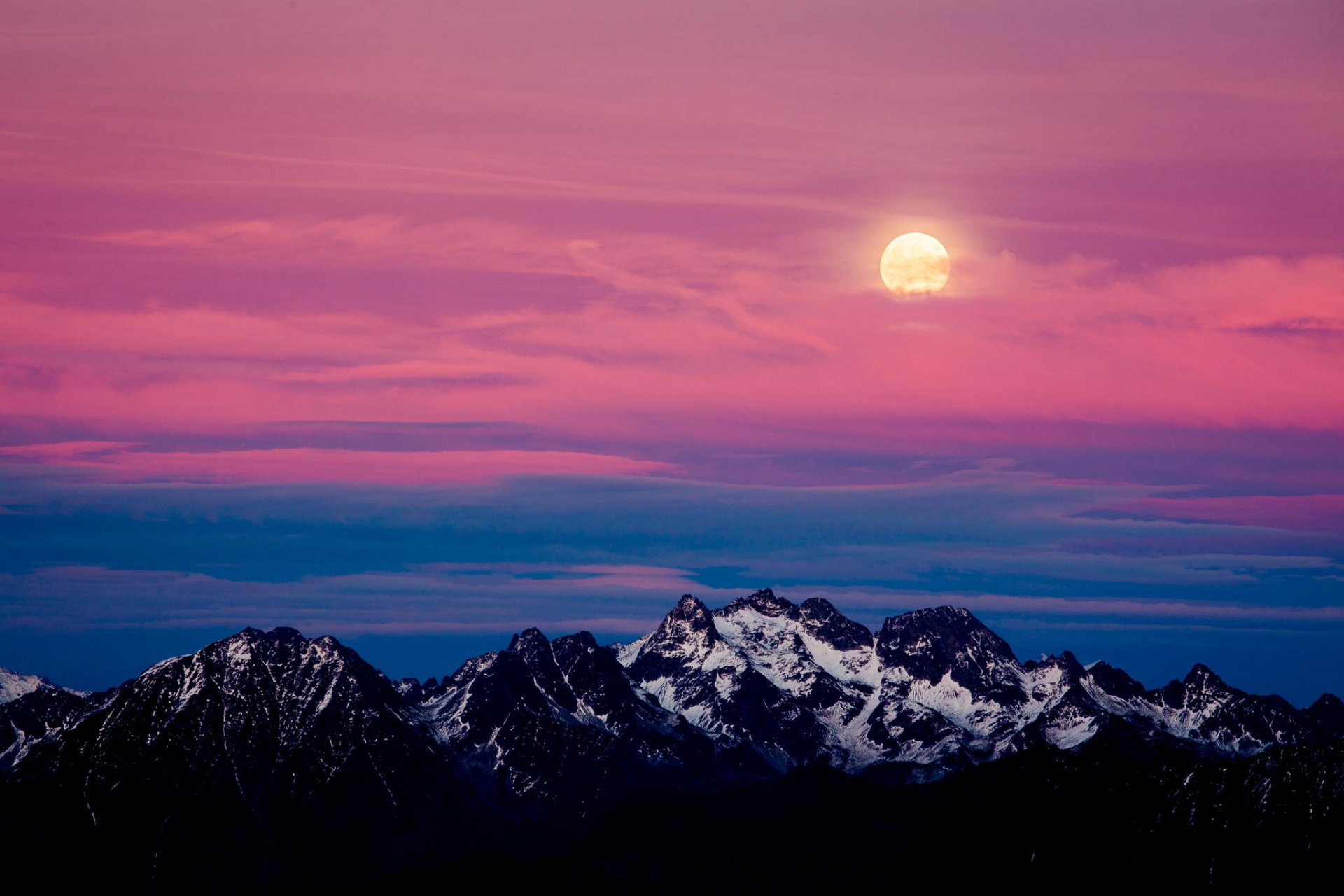 berge alpen schnee sonnenuntergang mond landschaft