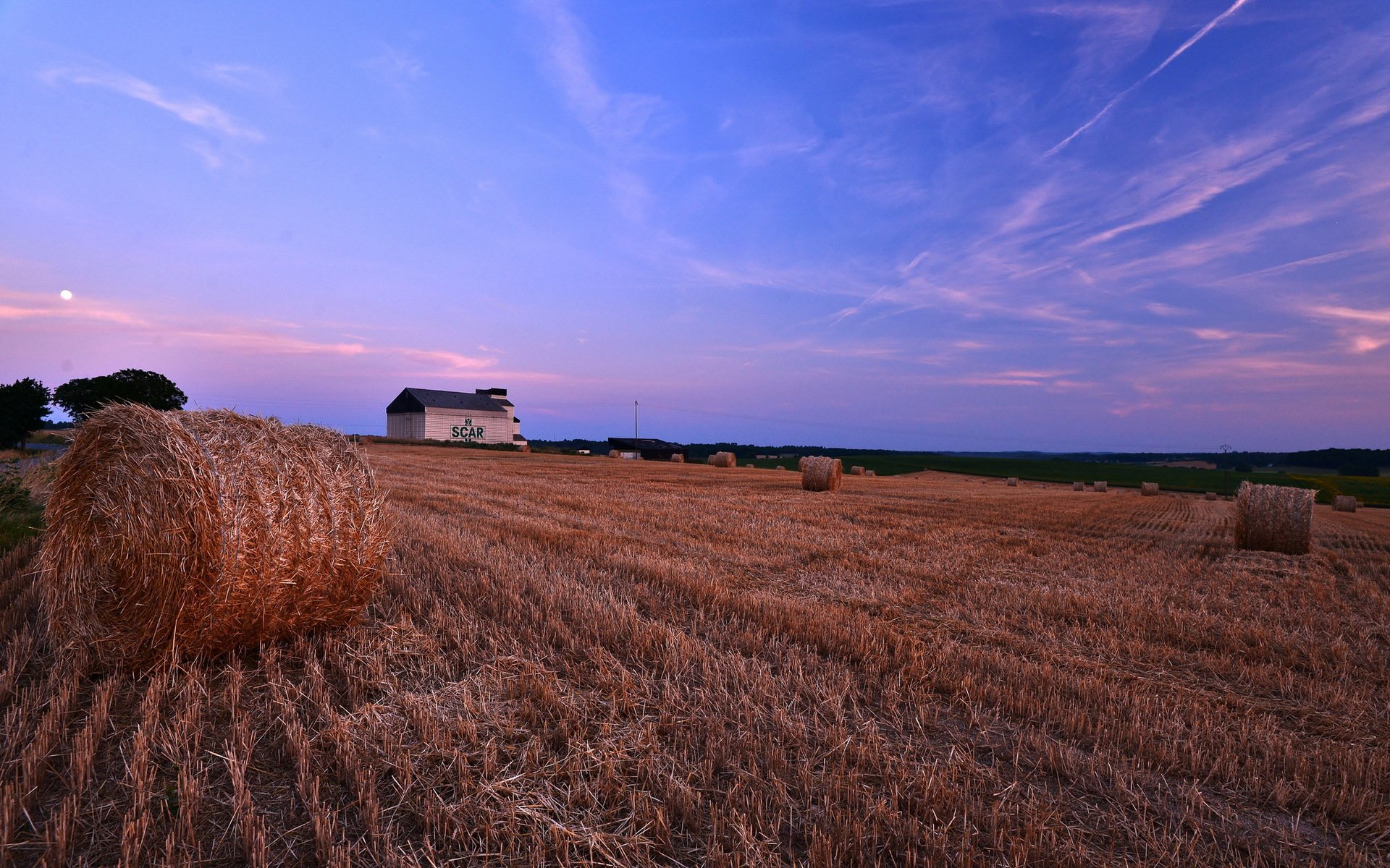 coucher de soleil champ foin paysage