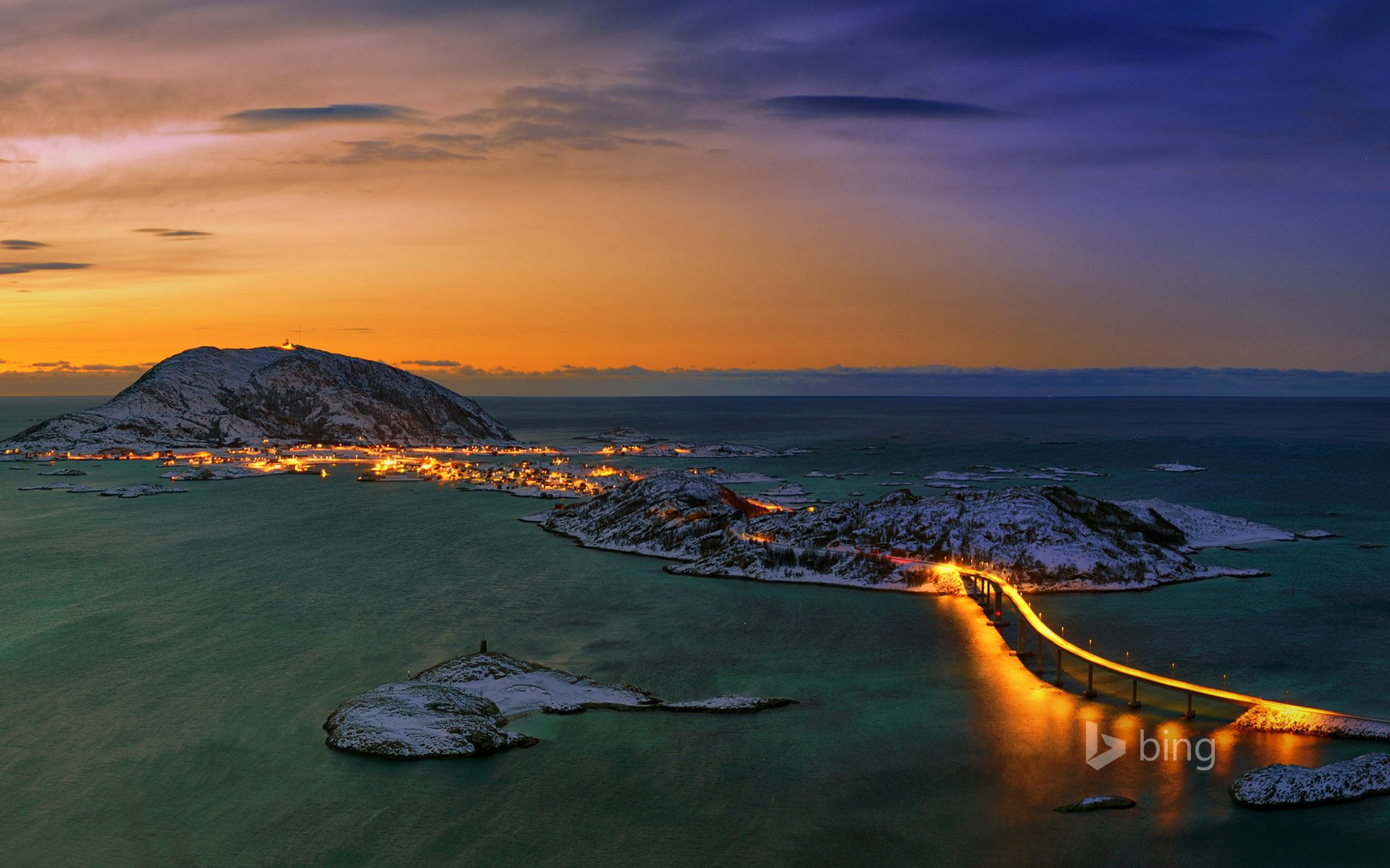 norway tromso sky sunset sea mountain island bridge lights town