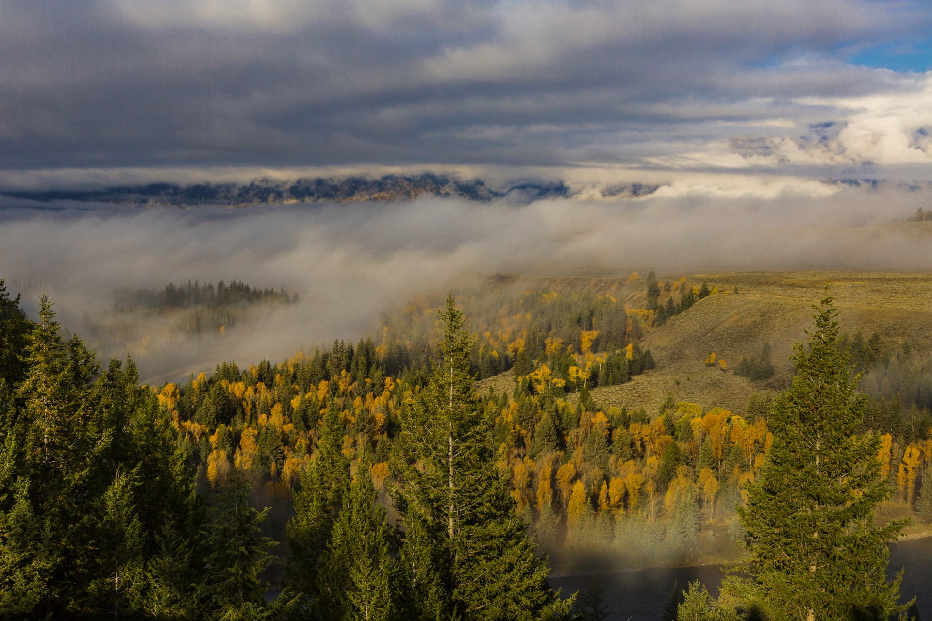 stany zjednoczone stan wyoming park narodowy grand teton grand teton wyoming las drzewa jesień mgła chmury rzeka panorama