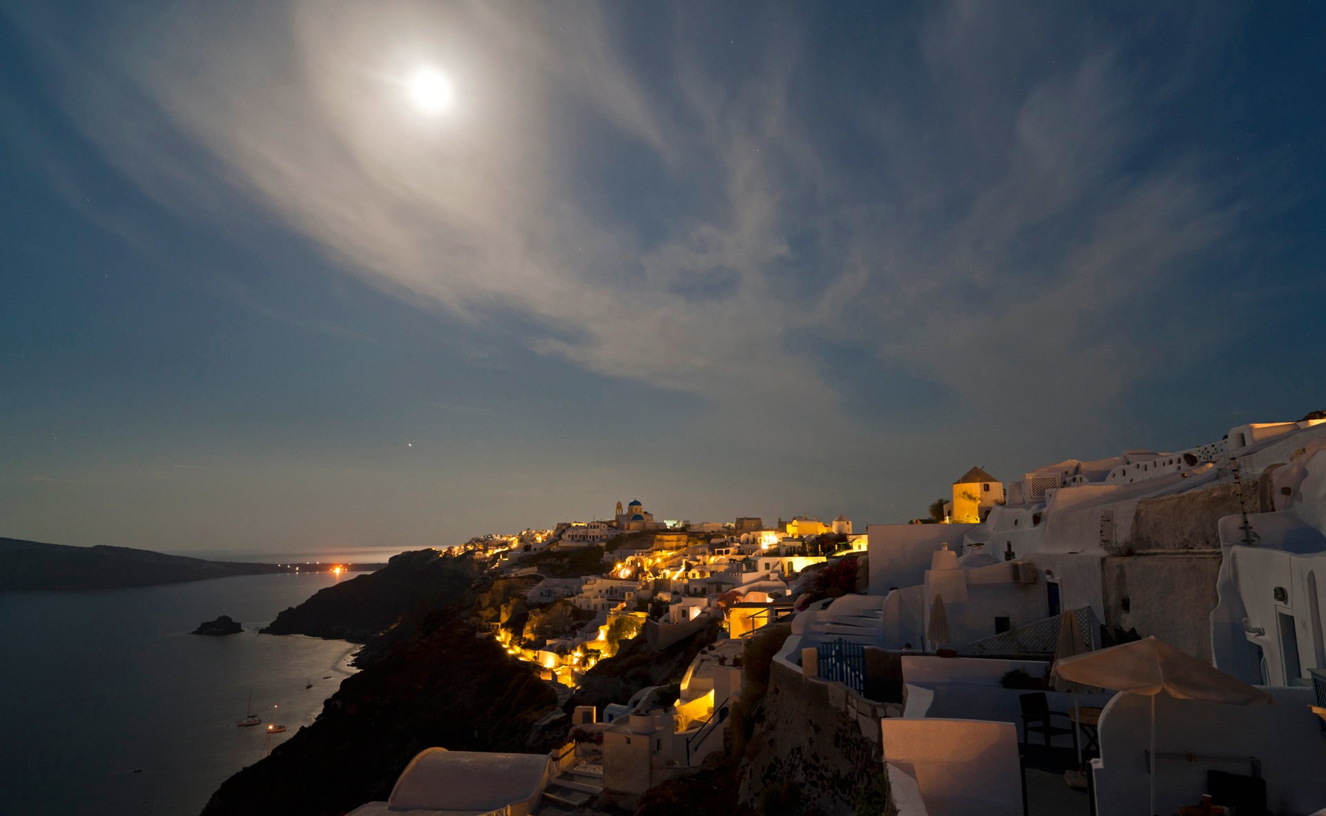 greece santorini town sky night clouds moon lights sea