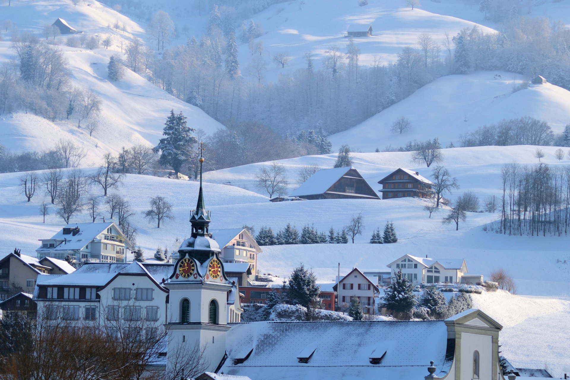 mountain alps winter snow town house town hall