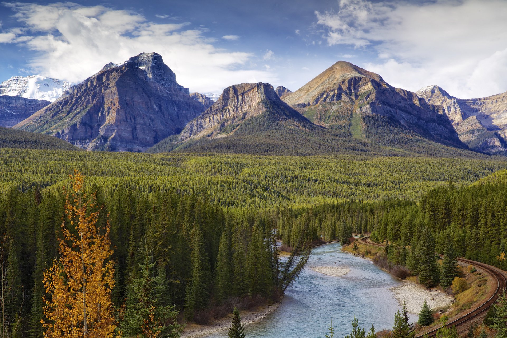 banff national park albert canada mountain sky tree autumn river road forest cloud