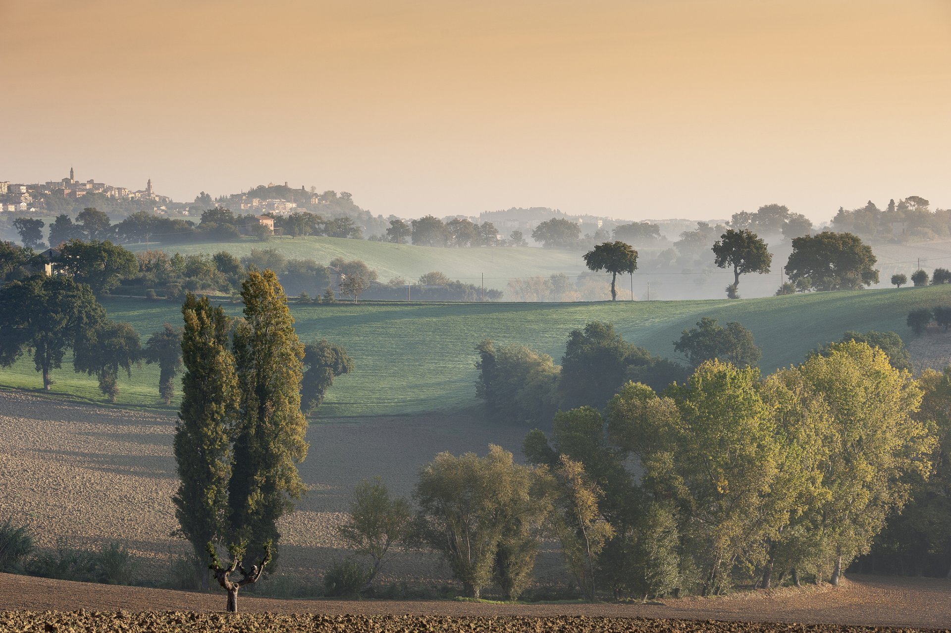 italy sky morning fog hills house tree