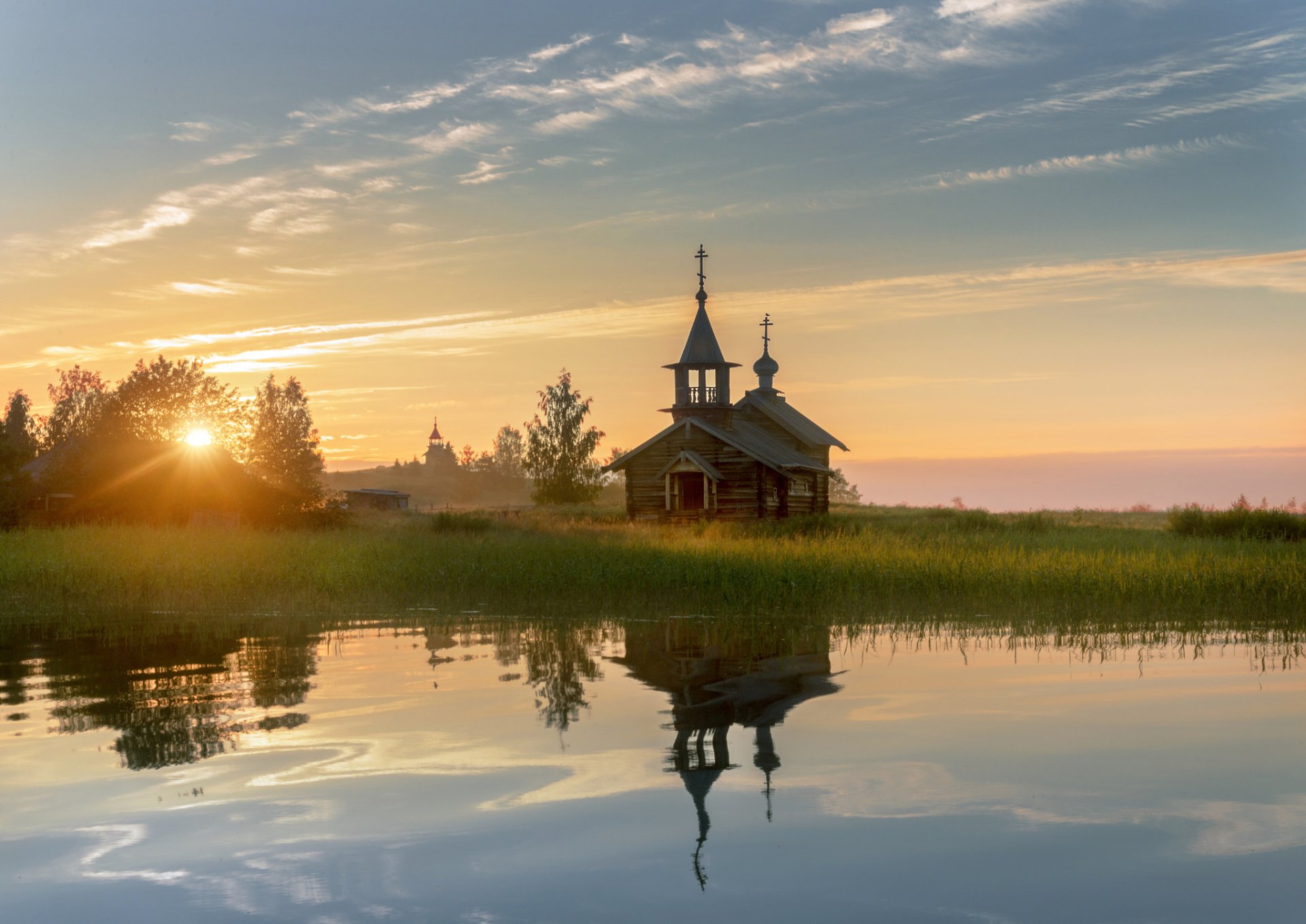 karelien kizhi sommer morgendämmerung morgen sonne licht kirche