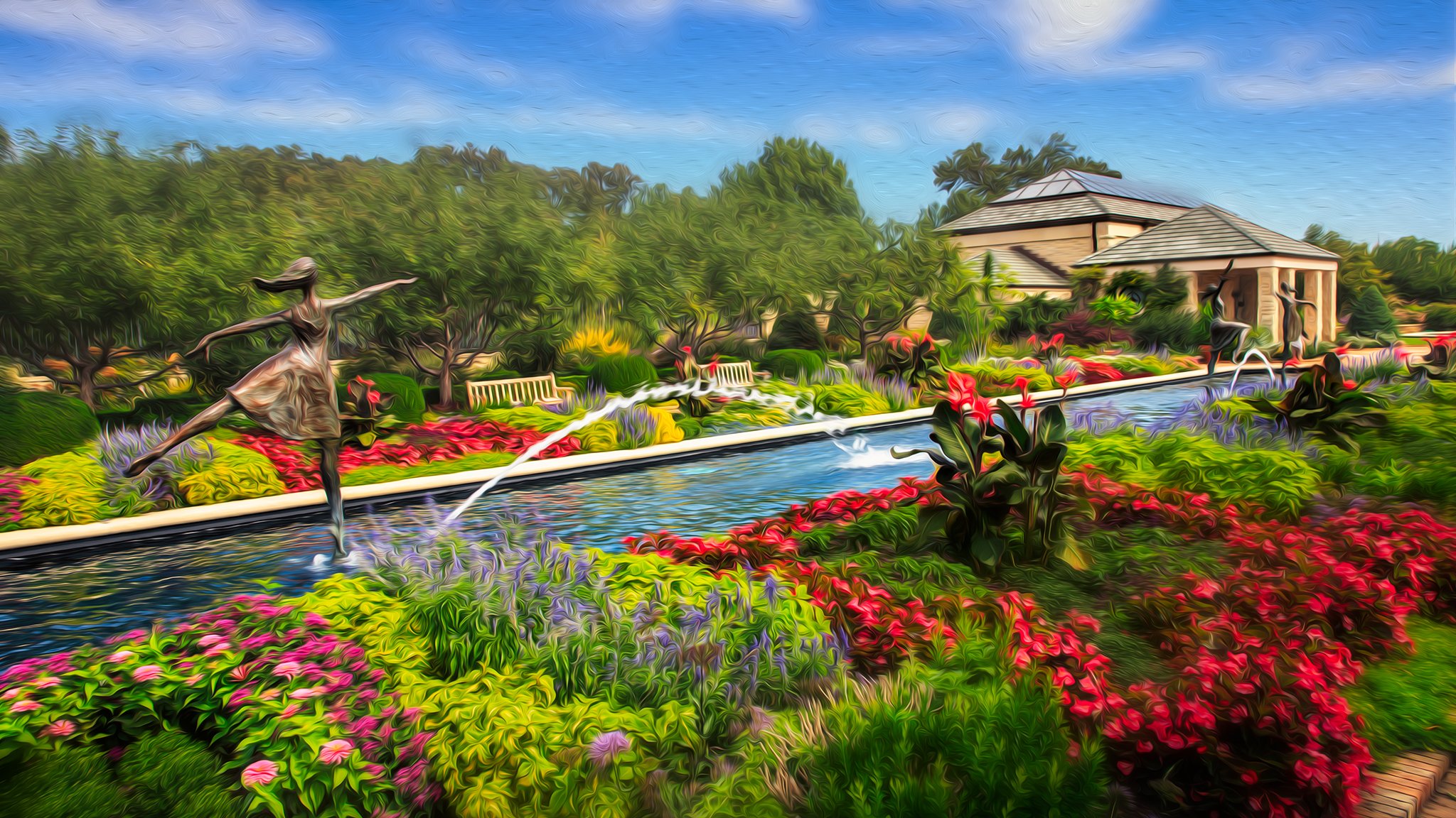 parque esculturas piscina fuentes flores procesamiento