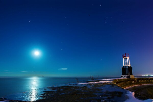 The blue sun illuminates the sea