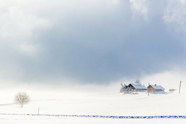 Winter landscape in a field of two houses