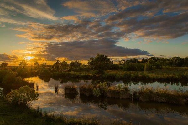 Paisaje puesta de sol sobre el lago del bosque