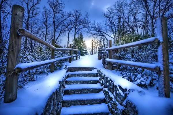 Steps covered with fluffy snow