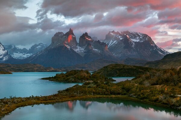 Beautiful sunset by the river in the mountains