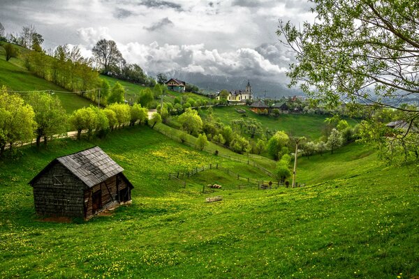 Pequeña casa en un paisaje verde