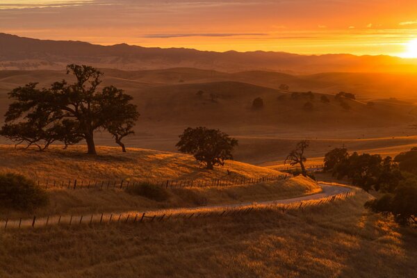 Puesta de sol escarlata. Camino sinuoso