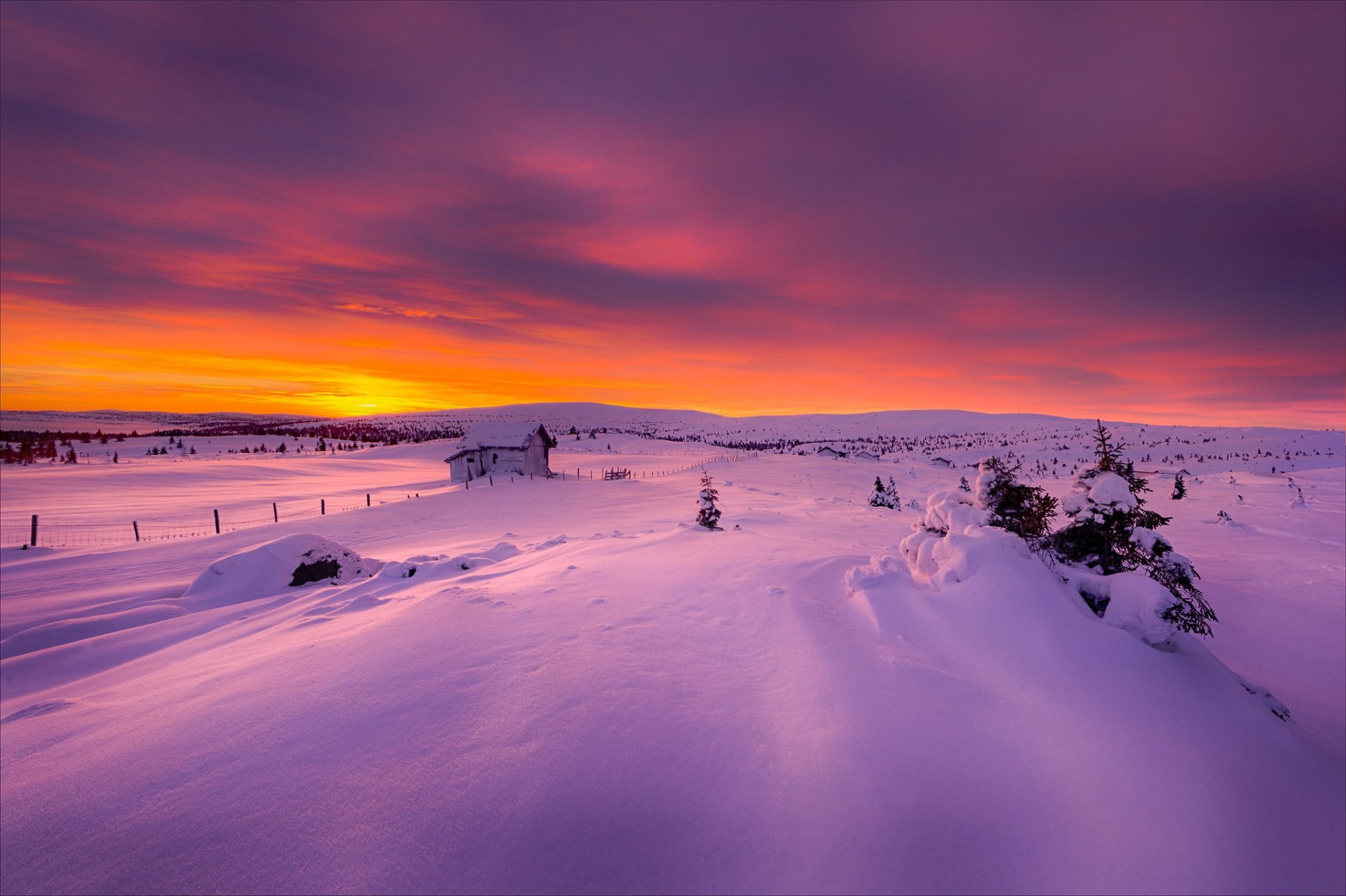 norwegen morgen winter dezember schnee licht hütte