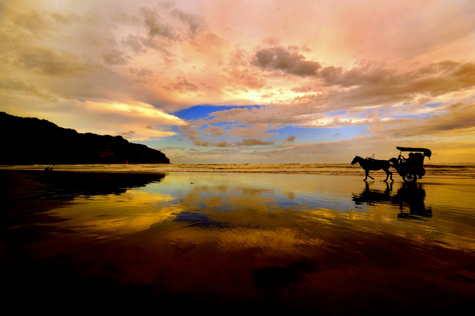 ky clouds sunset sea mountain horse wagon silhouette reflection