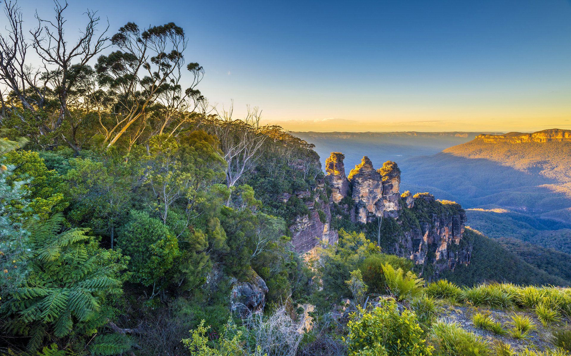 blue mountains new south wales australien himmel horizont sonnenuntergang berge pflanzen tal dunst