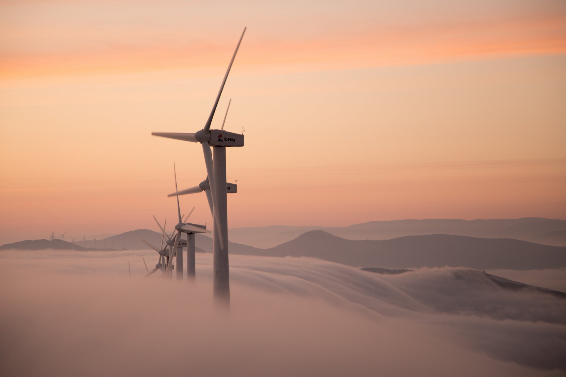 windmills fog morning