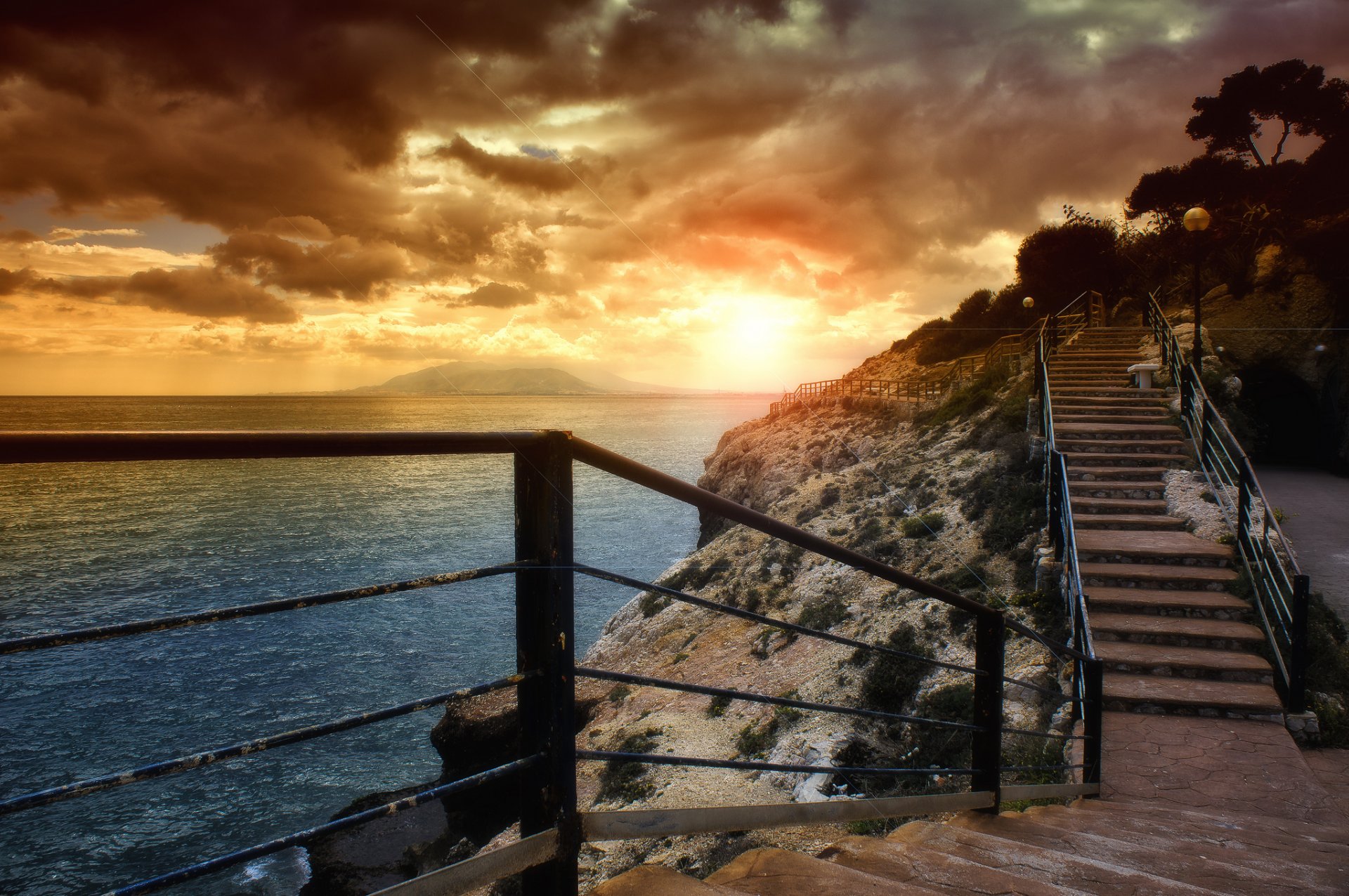 meer ufer treppe wolken sonnenuntergang