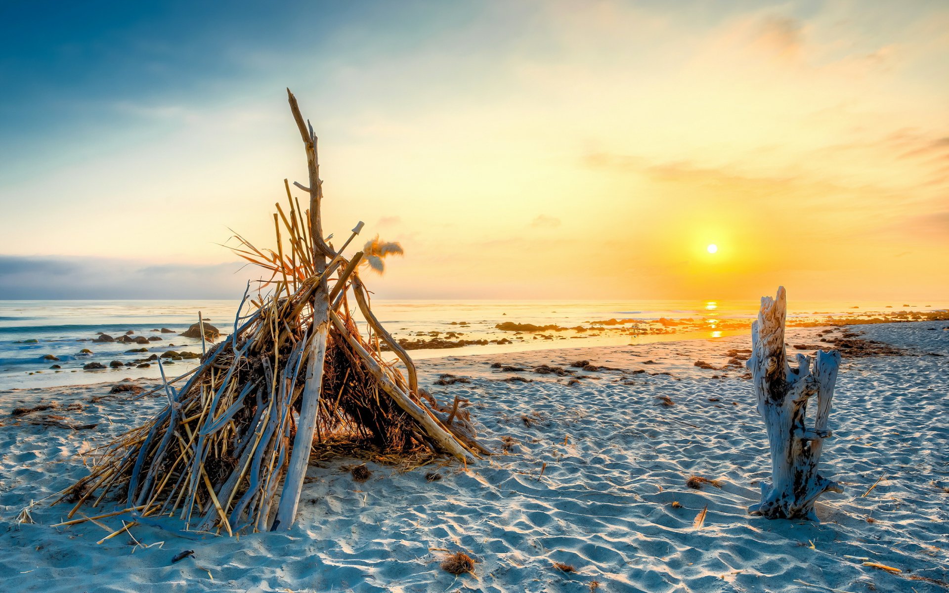 unset sea tent landscape