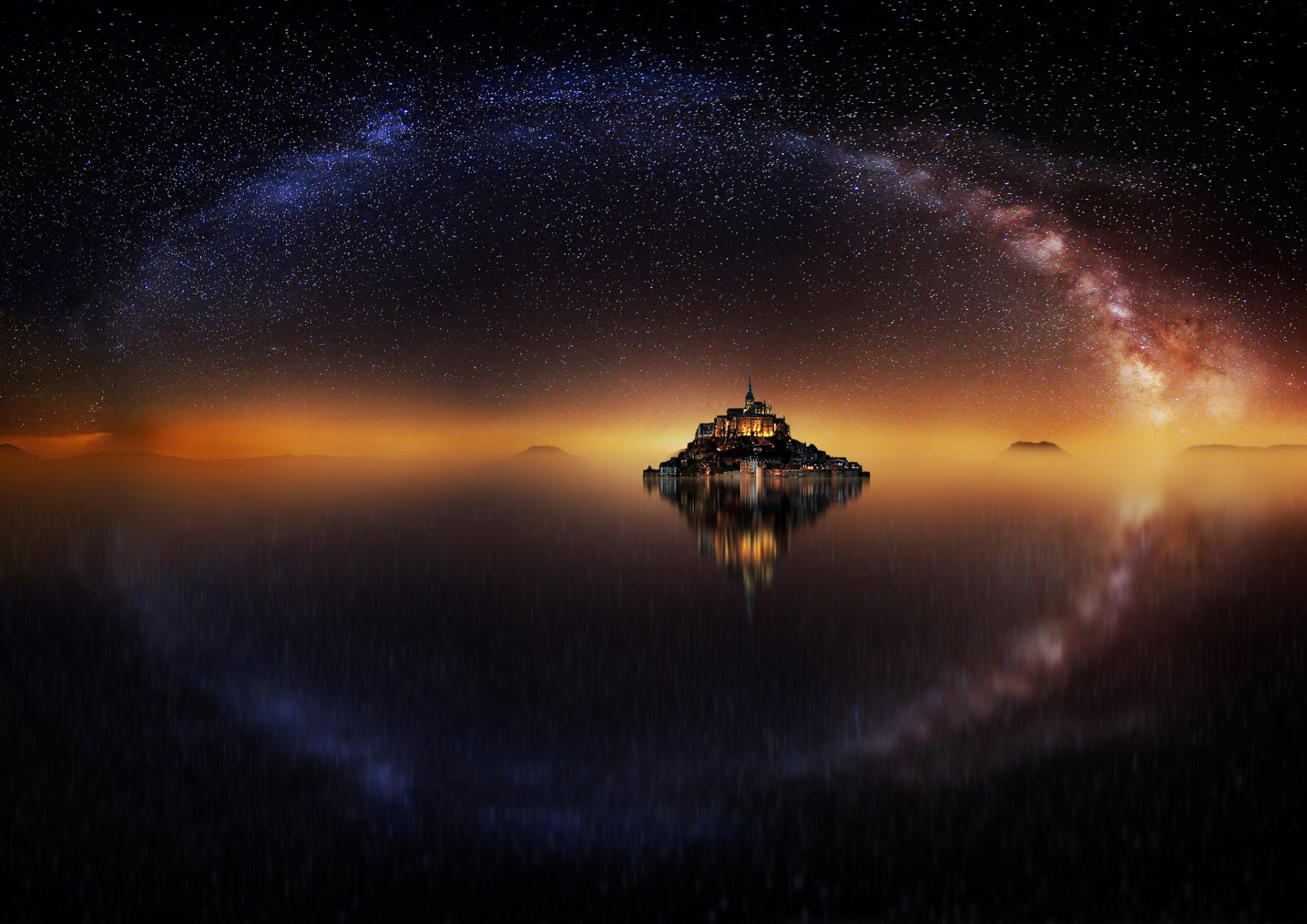 france island fortress mont-saint-michel mount michael the archangel night star sky milky way water reflection