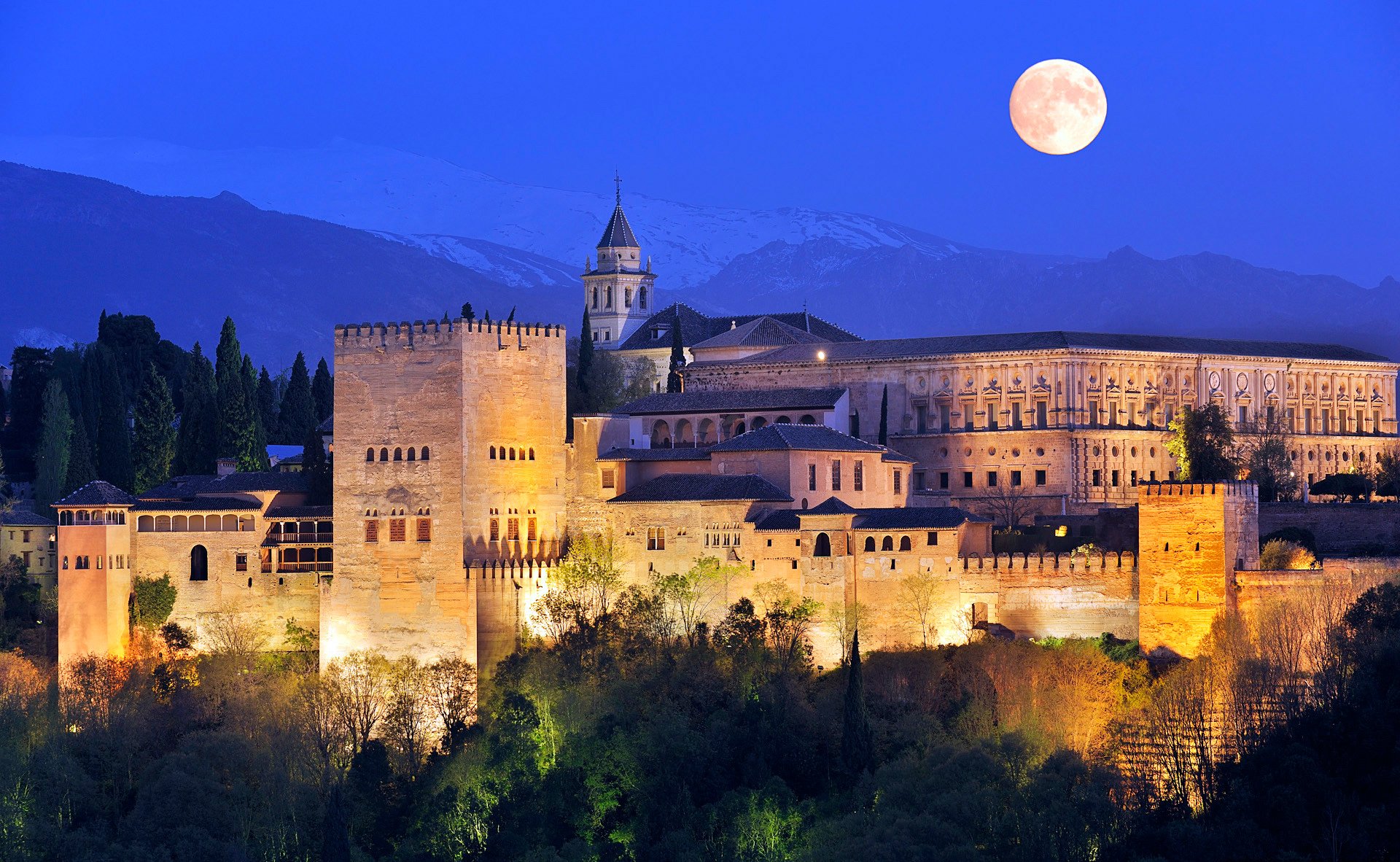 ky night moon mountain lights fortress tower castle