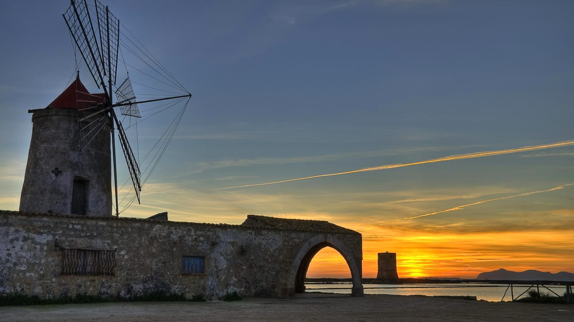 sicilia italia cielo puesta de sol molino montañas torre