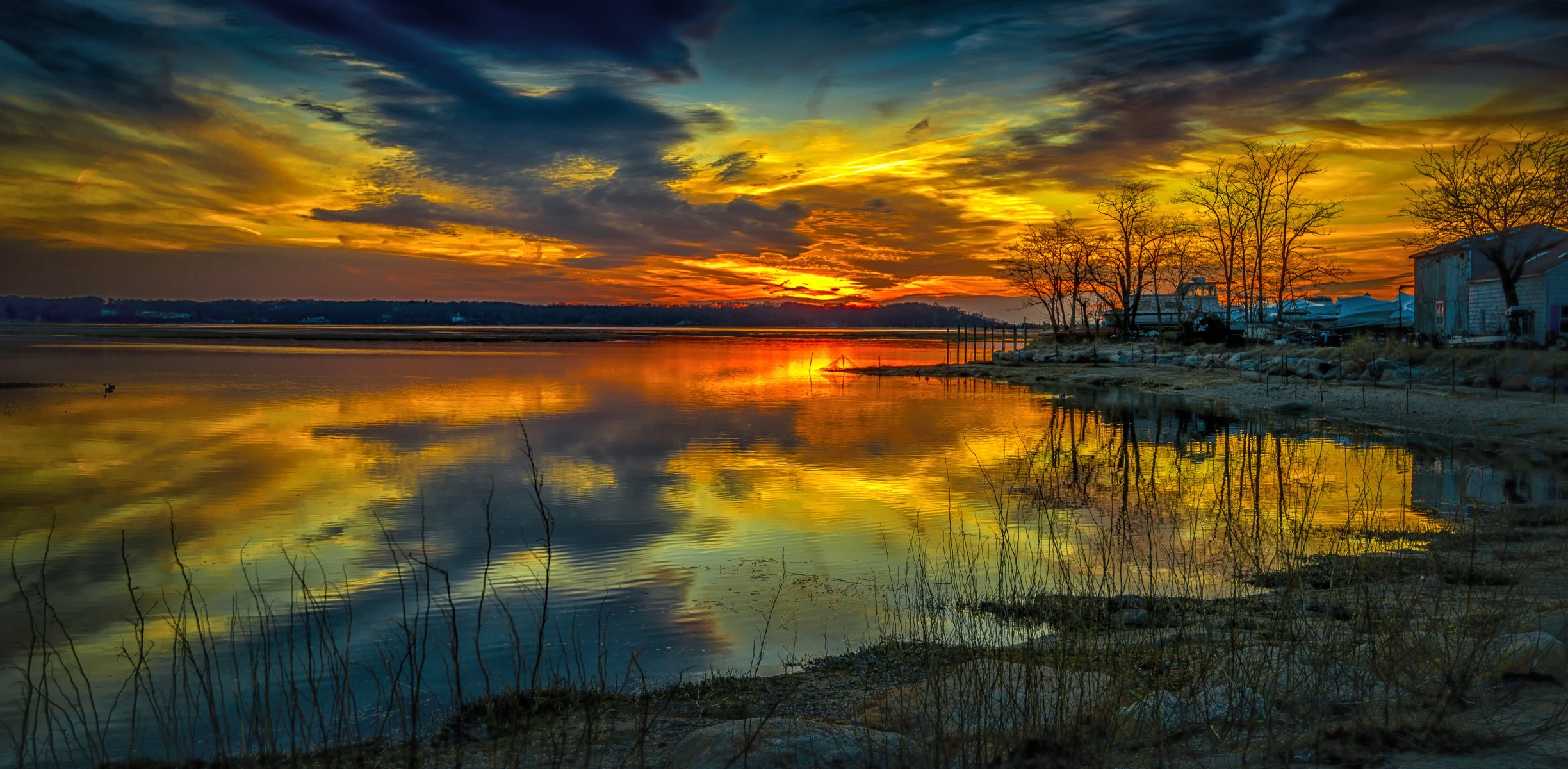 ky clouds sunset glow night lake house tree