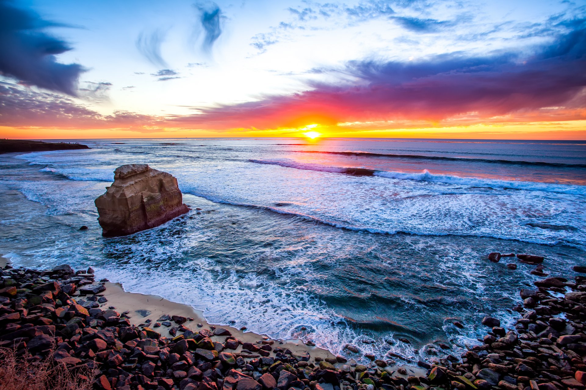 san diego californie états-unis ciel nuages coucher de soleil mer rocher pierres