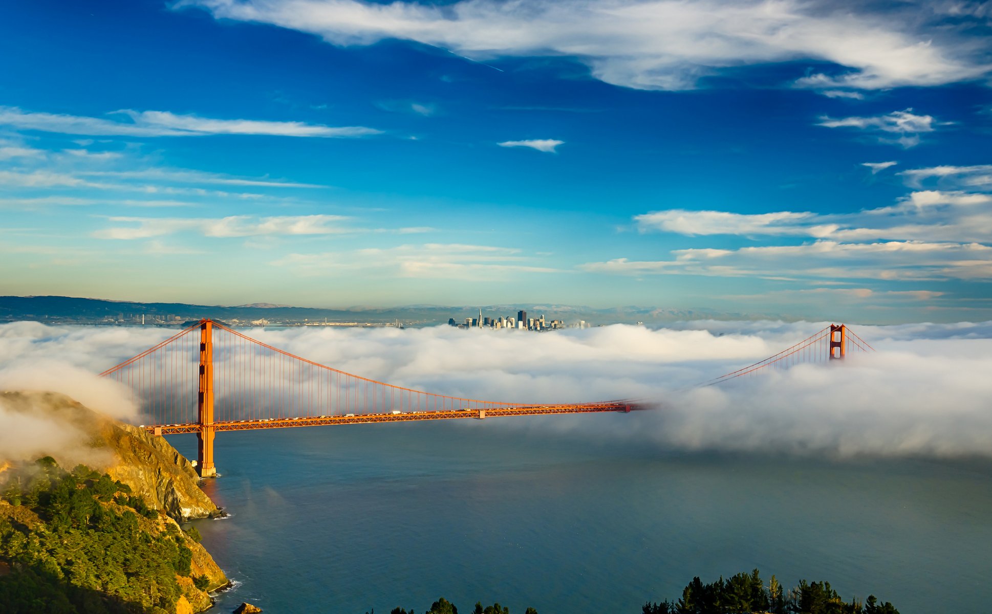 san francisco brücke goldenes tor himmel bucht wolken nebel stadt