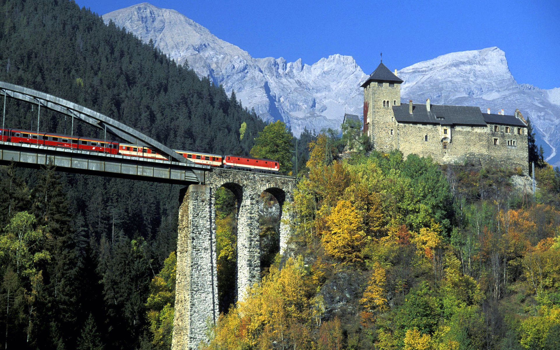 austria sky mountain forest tree castle tower bridge support train