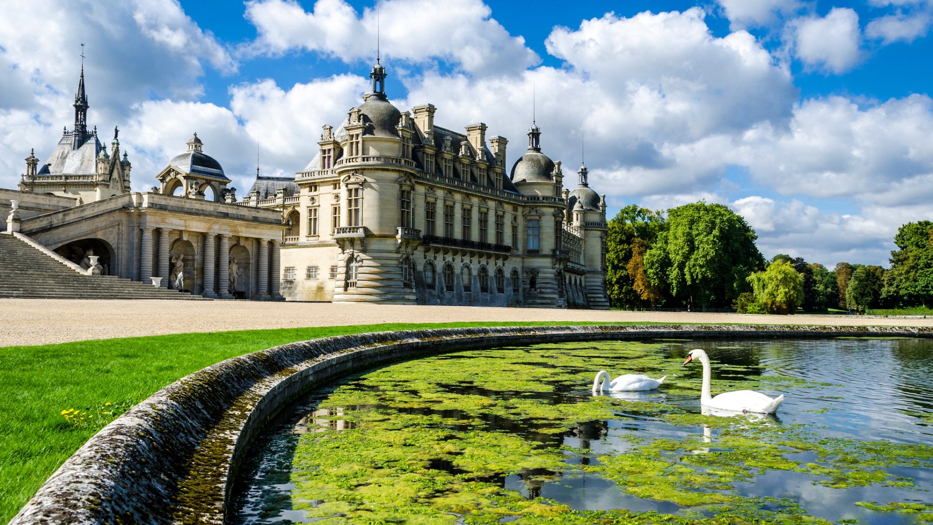 cielo nubes estanque cisne árboles palacio castillo