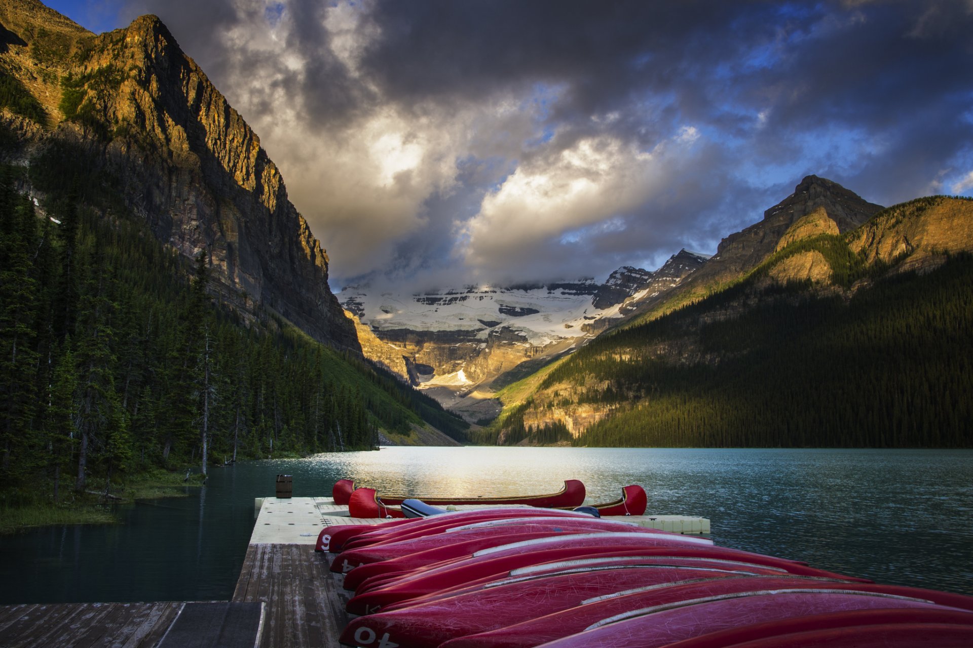 lake louise lake canoe mountain alberta canada forest nature