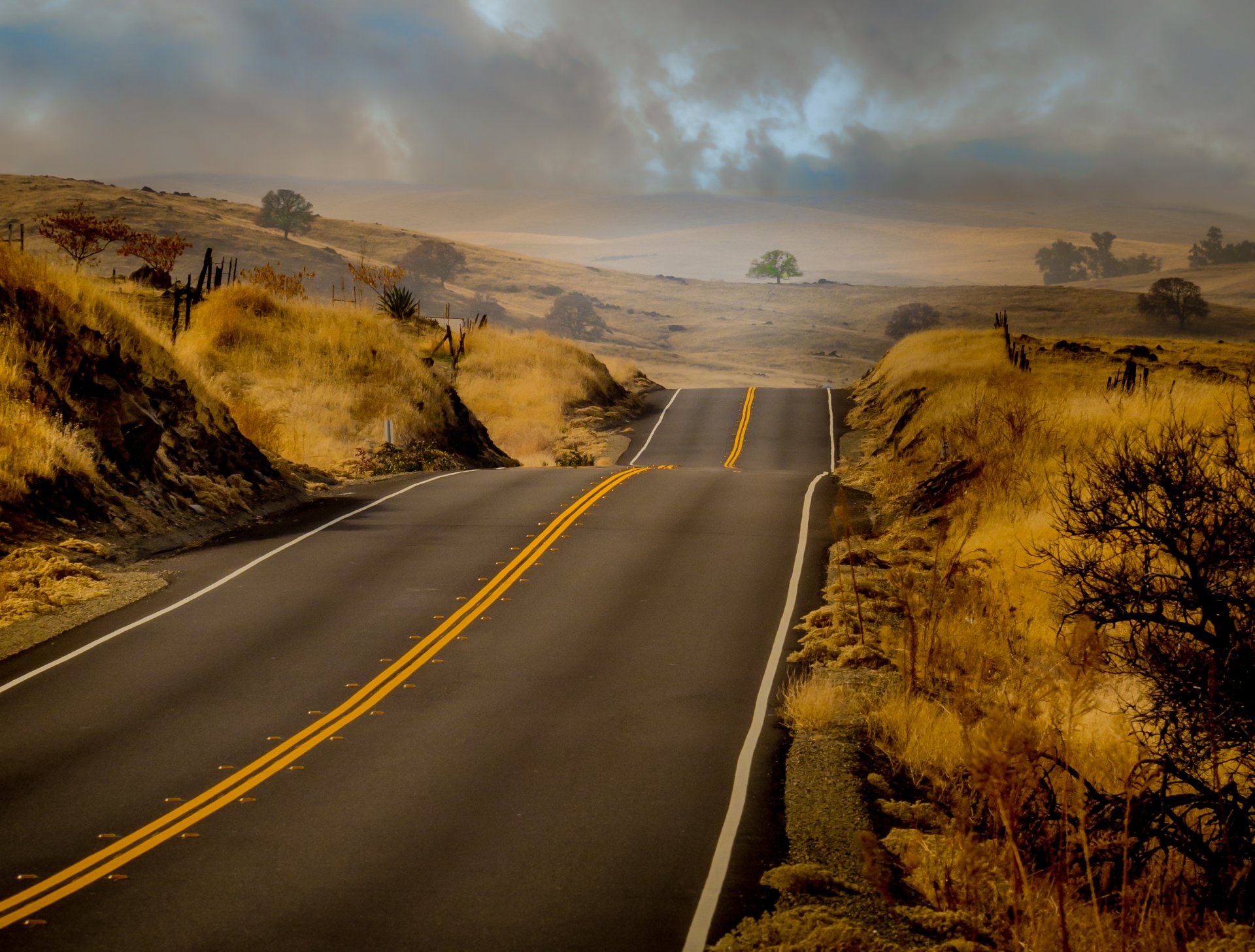 road hills tree gray clouds storm