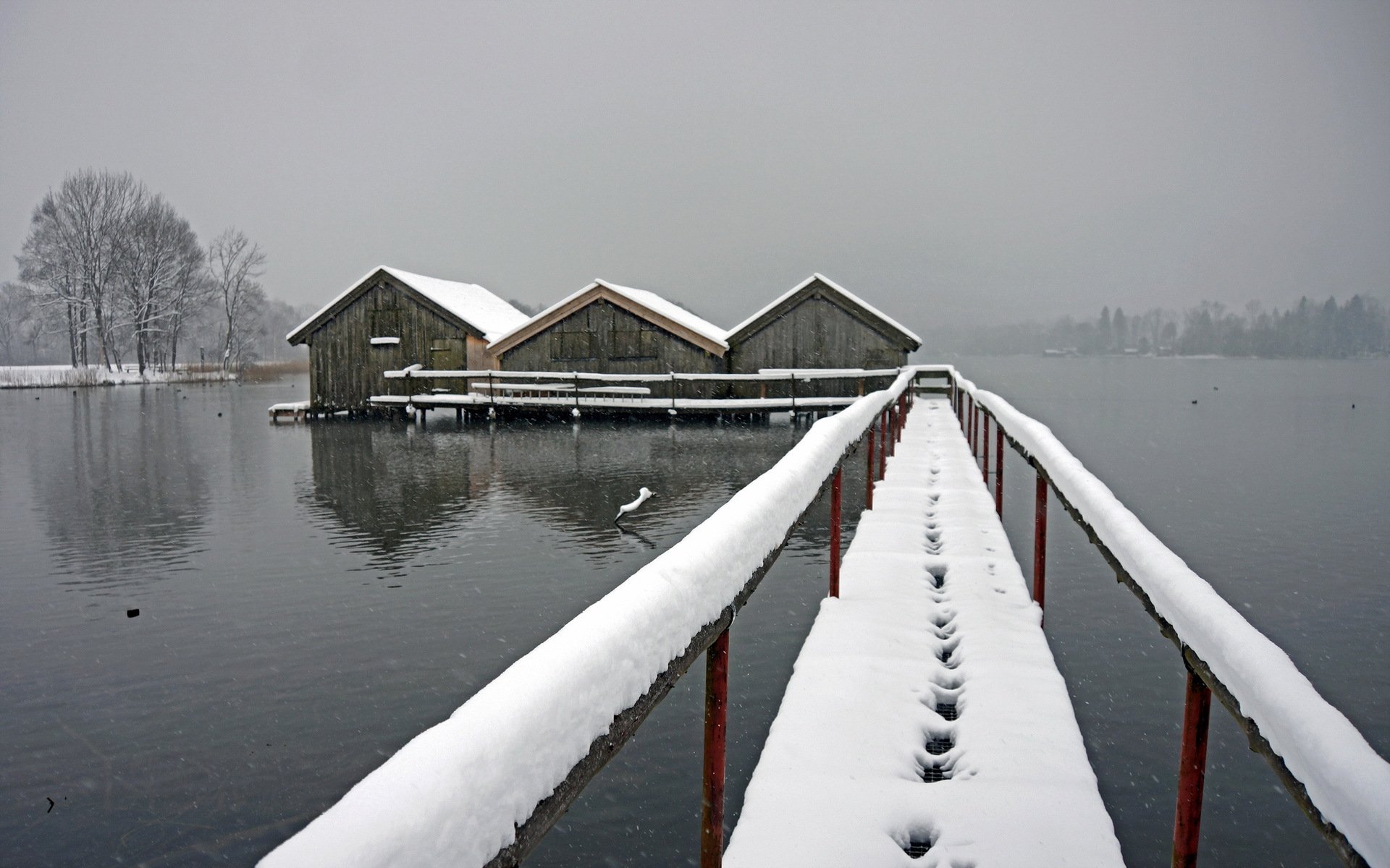 озеро мост снег туман