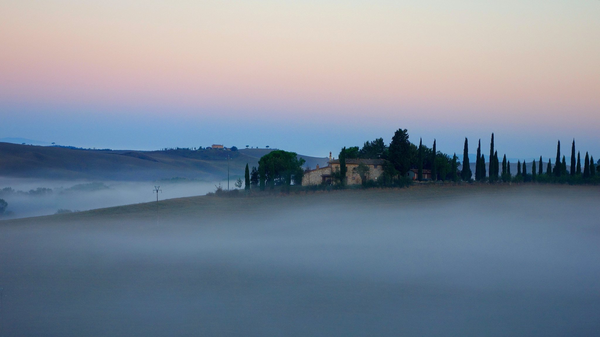 italy tuscany sky morning fog house tree hill