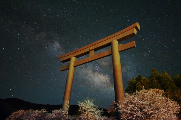 Nocna Droga Mleczna Japonii przez bramę Torii