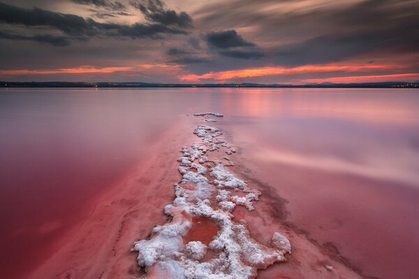 Pink lake at sunset