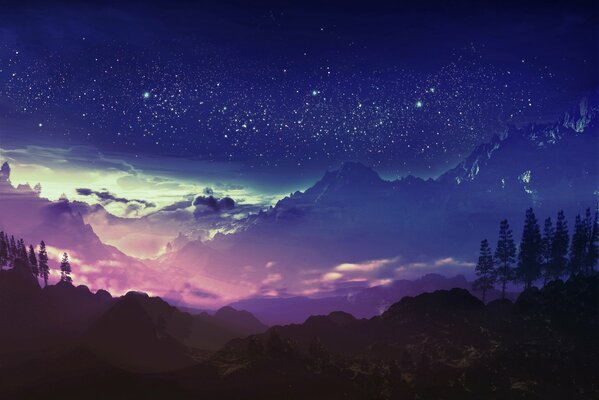 Las estrellas iluminan las montañas por la noche
