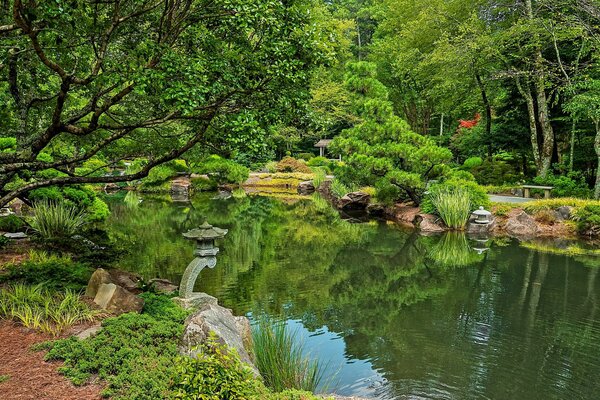 Parque con linternas alrededor del estanque