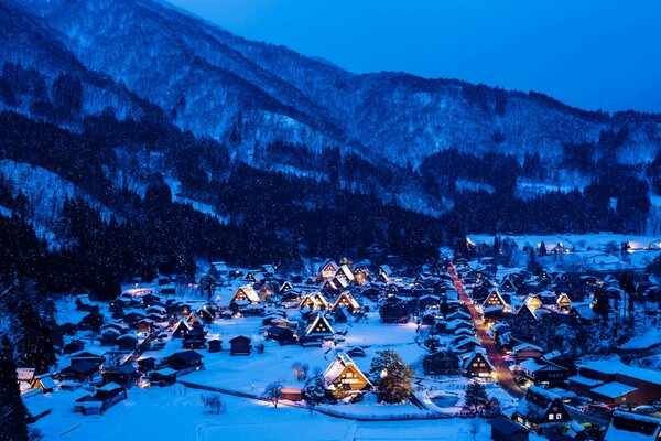 House lights on a winter evening on Honshu Island