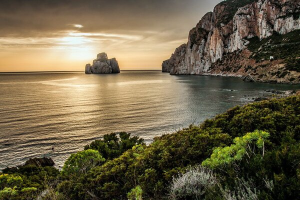 Rock in the sea on the background of sunset